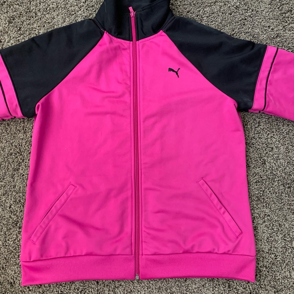 Women fitted Puma SHINY Pink And Black Track Jacket  Sz M EUC !